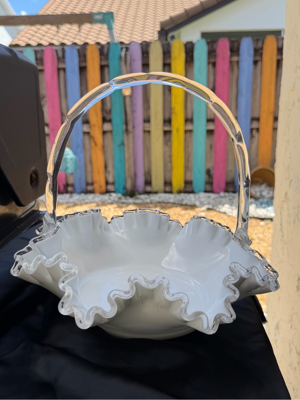 FENTON Silver Crest Milk Glass Basket w/ Ruffled Edge